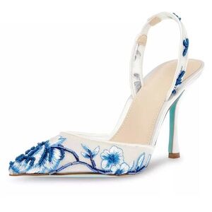 Betsey Johnson Blue Floral Embroidered Heels